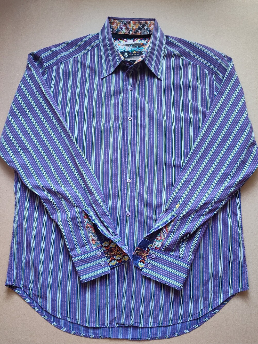 Men's Robert Graham XL Stripe Art-to-Wear Embroidered Paisley Shirt Purple